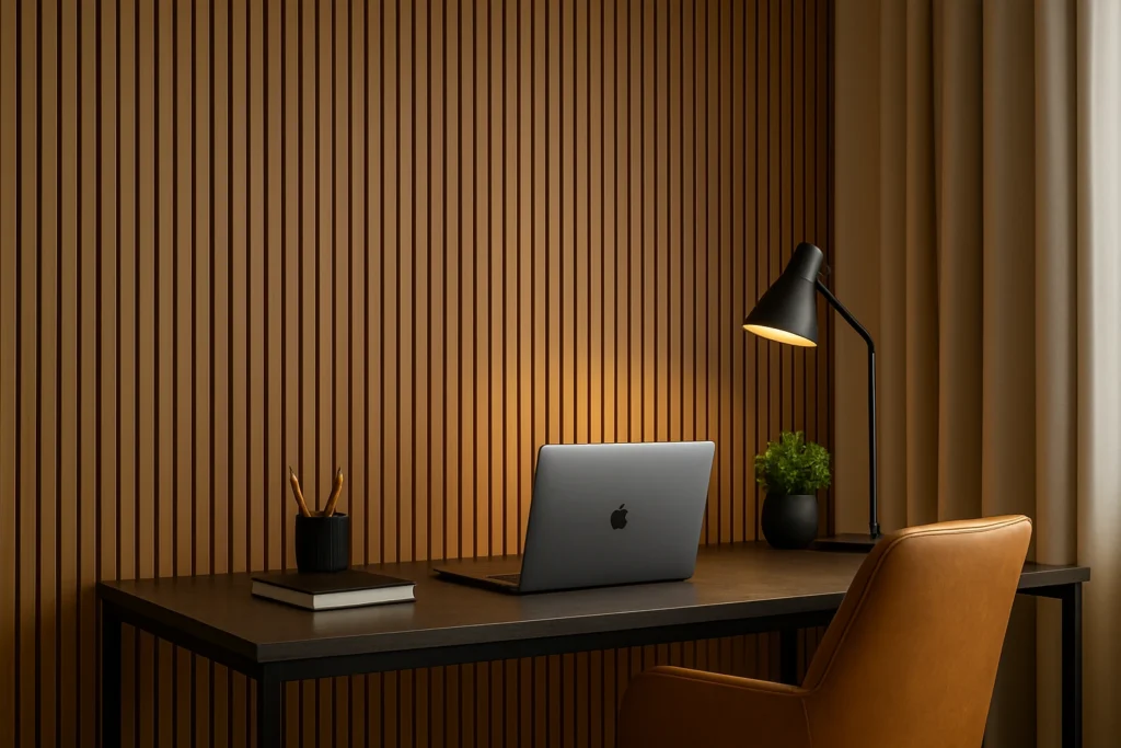 Escritório moderno com painel ripado autocolante atrás da mesa de trabalho, cadeira de couro, luminária elegante e decoração minimalista.