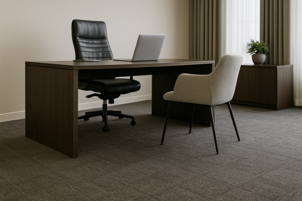 Escritório moderno com mesa de madeira, cadeiras elegantes e tipos de carpetes em placas cinza, oferecendo praticidade e design sofisticado.