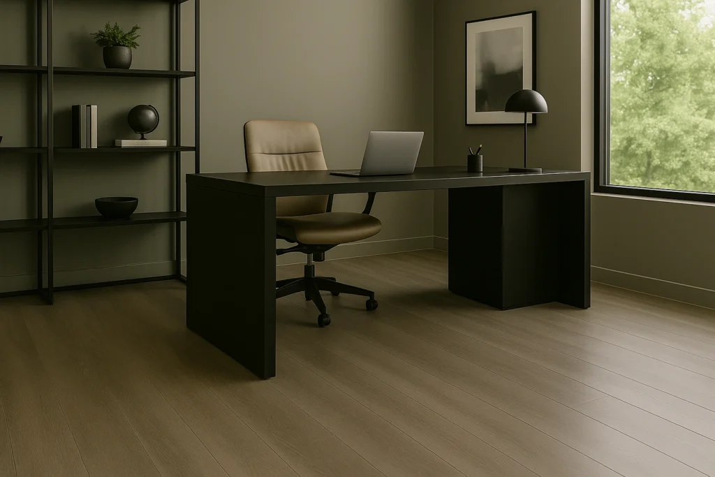 Piso Vinílico Cinza: 10 Ideias Sofisticadas Para Sua Casa 6 Escritório sofisticado com piso vinílico cinza, mesa preta minimalista, cadeira ergonômica marrom e estante decorada, em estilo moderno e elegante.