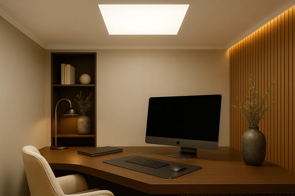 Escritório moderno com mesa de madeira, painel ripado iluminado e painel de LED embutido no teto, transmitindo sofisticação e elegância.
