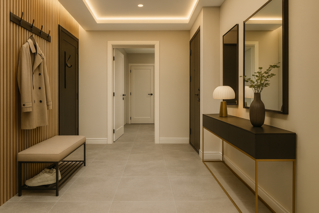 Piso Vinílico Cinza: 10 Ideias Sofisticadas Para Sua Casa 11 Hall de entrada elegante com piso vinílico cinza Tarkett Pietra Serena Grigio 92x92, paredes neutras, iluminação em LED e móveis sofisticados.