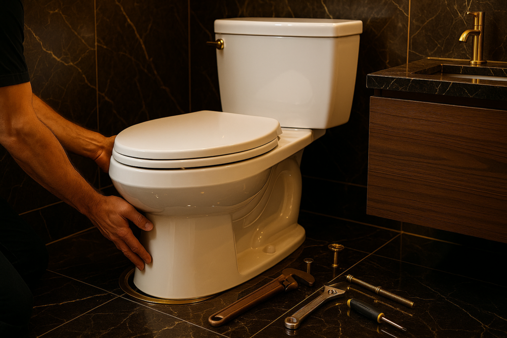 Imagem demonstrando como instalar vaso sanitário, utilizando vaso branco em banheiro sofisticado com piso e parede marmorizados escuros, pia com armário de madeira e metais dourados.