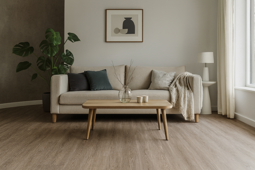 Sala de estar elegante e aconchegante com piso vinílico SPC Montelupo Click Carvalho em madeira clara, sofá moderno e decoração clean.
