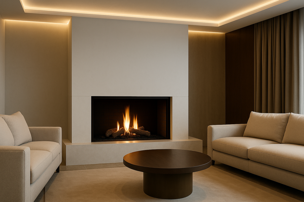 Sala luxuosa com lareira moderna em gesso, iluminação em LED embutida no teto e móveis sofisticados em tons neutros.