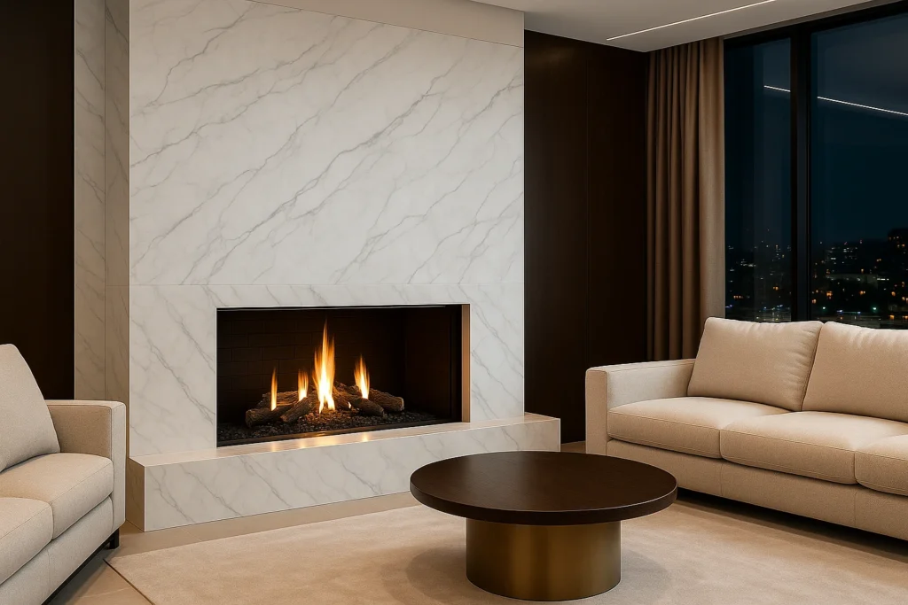 Sala sofisticada com lareira moderna em mármore branco, sofá bege e mesa de centro elegante, criando um ambiente luxuoso e aconchegante.