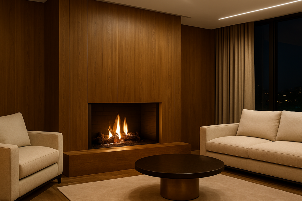 Sala contemporânea com lareira de revestimento amadeirado, sofá bege e mesa de centro elegante, transmitindo aconchego e sofisticação.