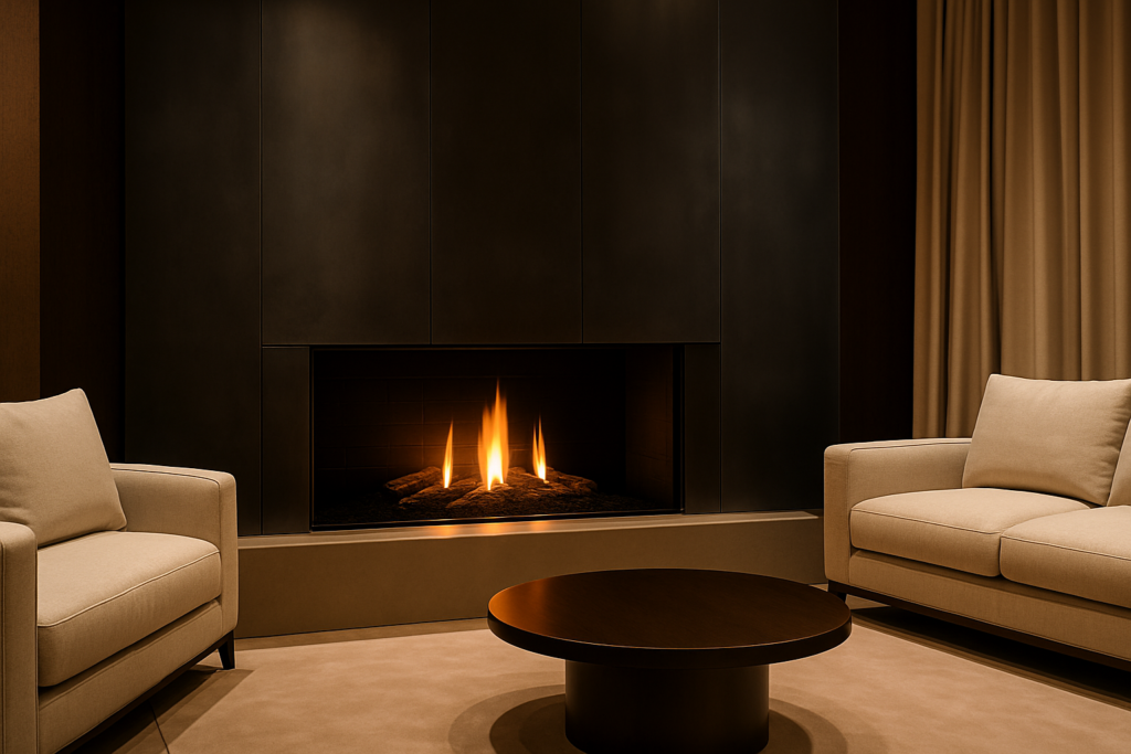 Sala sofisticada com lareira de revestimento metálico escuro, sofá bege e mesa de centro elegante, criando um ambiente moderno e aconchegante.