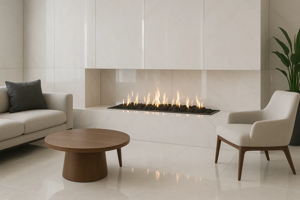 Porcelanato Polido: Dicas e Curiosidades que você precisa conhecer 6 Sala moderna com lareira revestida em porcelanato polido brilhante, substituindo materiais tradicionais e destacando elegância no ambiente.