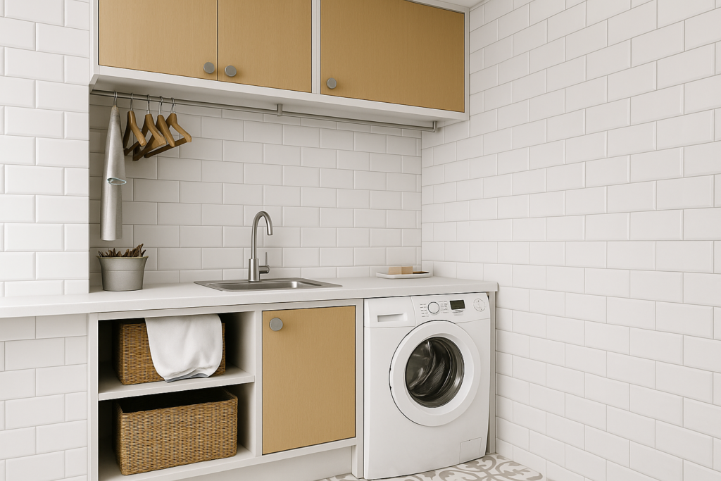 Revestimento para Lavanderia: Inspirações, Dicas e Melhores opções para sua área de serviço 2 Lavanderia sofisticada com revestimento Metro White, armários de madeira clara, bancada branca e máquina de lavar, em ambiente moderno e organizado.