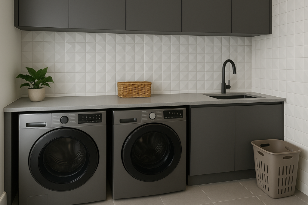 Revestimento para Lavanderia: Inspirações, Dicas e Melhores opções para sua área de serviço 3 Lavanderia elegante com revestimento 3D branco, armários em tom escuro, bancada em quartzo claro, máquina de lavar e secar e decoração minimalista.