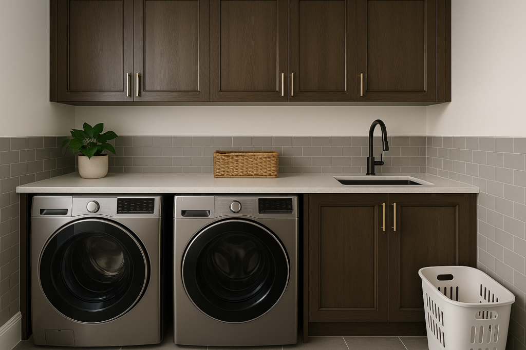 Revestimento para Lavanderia: Inspirações, Dicas e Melhores opções para sua área de serviço 1 Lavanderia sofisticada com armários planejados escuros, bancada em mármore claro e revestimento meia parede em porcelanato cinza.