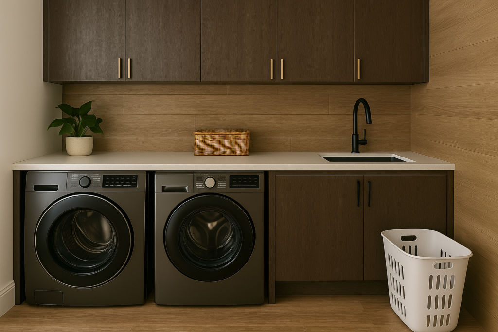 Revestimento para Lavanderia: Inspirações, Dicas e Melhores opções para sua área de serviço 4 Revestimento para Lavanderia em vinílico amadeirado, bancada clara em quartzo, máquinas de lavar e secar em inox e torneira preta minimalista.