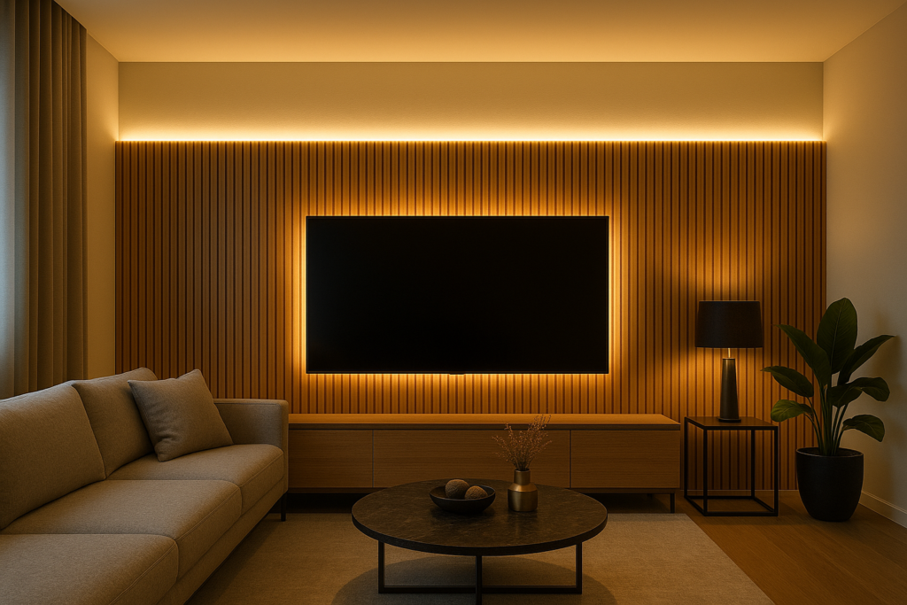 Saiba como Instalar Fita de LED: passo a passo fácil para valorizar qualquer espaço 2 Sala de estar moderna com painel ripado de madeira e iluminação em fita de LED atrás da TV.