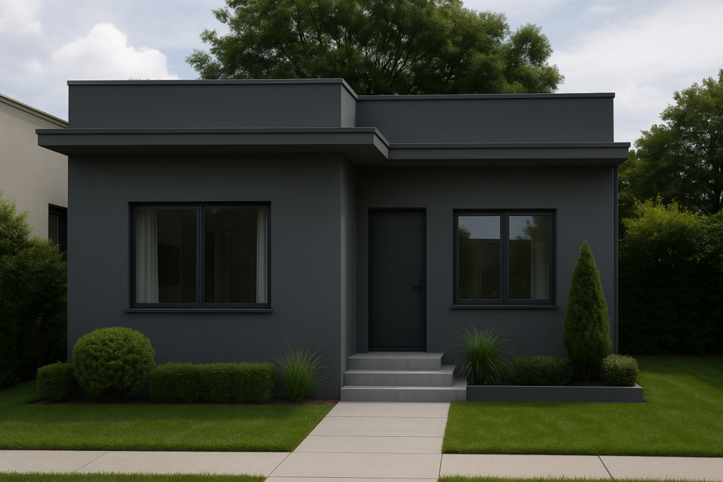 Pintura de Casa Externa: Cores e Estilos em alta 2 Casa térrea moderna com parede externa cinza, calçada clara, gramado verde e decoração paisagística elegante.
