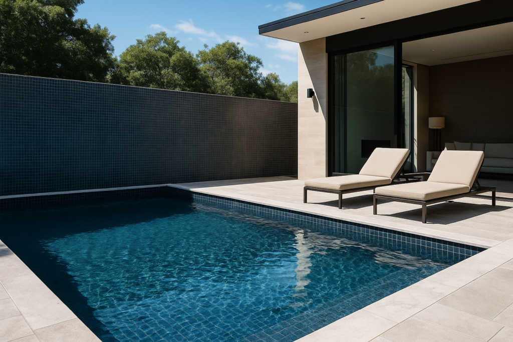Muros de Piscina com Revestimento: Ideias Sofisticadas para Transformar sua Área Externa 2 Muros de Piscina com Revestimento em pastilhas azuis, acompanhada de espreguiçadeiras elegantes.