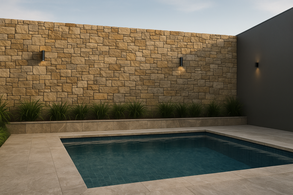 Muros de Piscina com Revestimento: Ideias Sofisticadas para Transformar sua Área Externa 4 Muros de Piscina com Revestimento em pedra natural, iluminação discreta e paisagismo sofisticado.