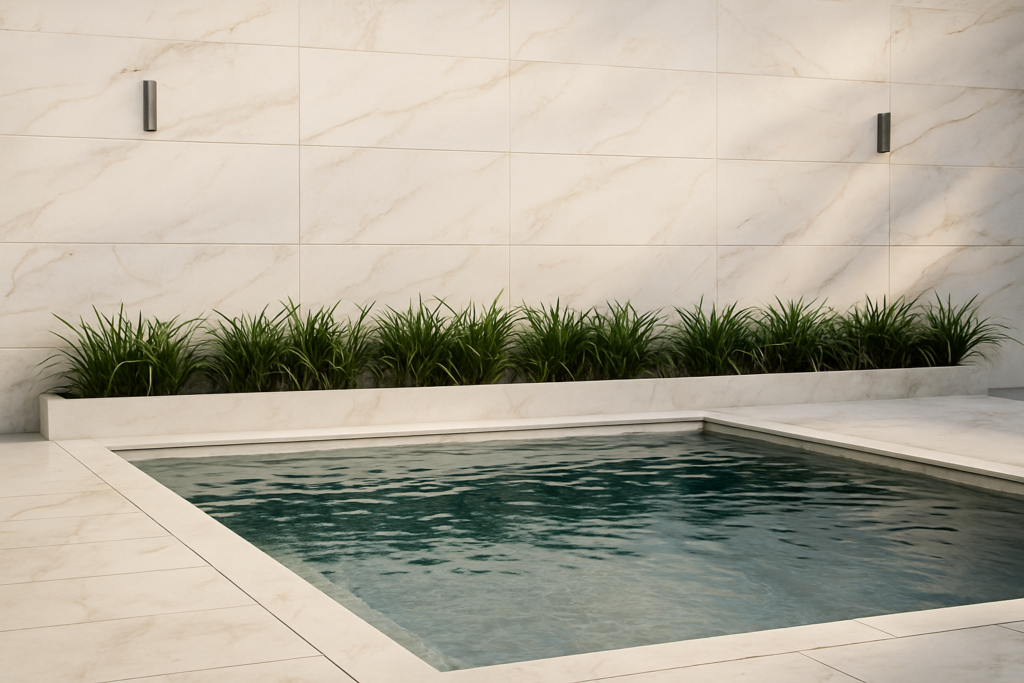 Muros de Piscina com Revestimento: Ideias Sofisticadas para Transformar sua Área Externa 3 Muros de Piscina com Revestimento em porcelanato marmorizado branco, iluminação discreta e plantas decorativas.