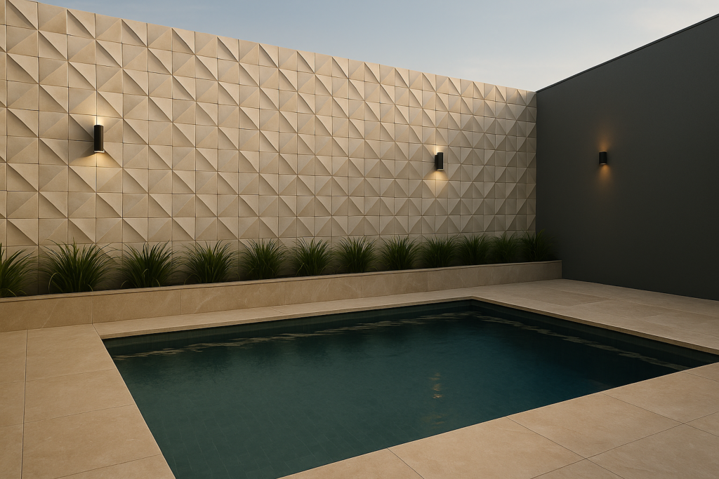 Muros de Piscina com Revestimento: Ideias Sofisticadas para Transformar sua Área Externa 5 Muros de Piscina com Revestimento em porcelanato 3D geométrico, iluminação embutida e acabamento sofisticado.