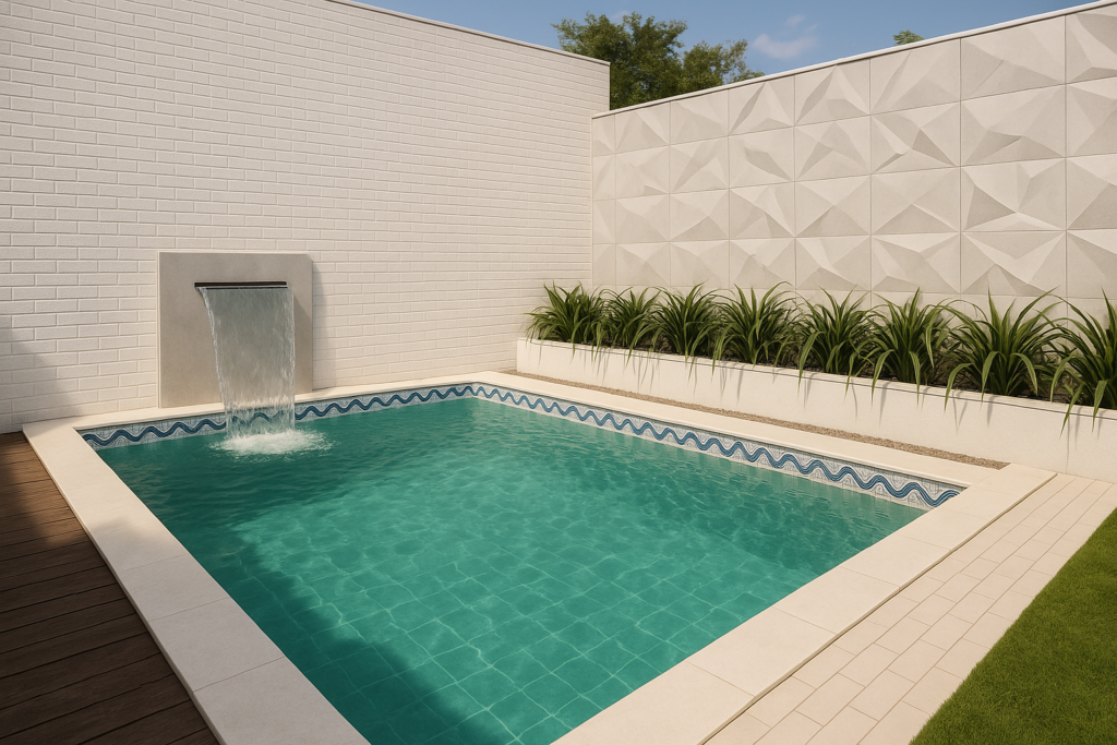 Muros de Piscina com Revestimento: Ideias Sofisticadas para Transformar sua Área Externa 1 Muros de Piscina com Revestimento cerâmico branco, destacando detalhes luxuosos e contemporâneos.