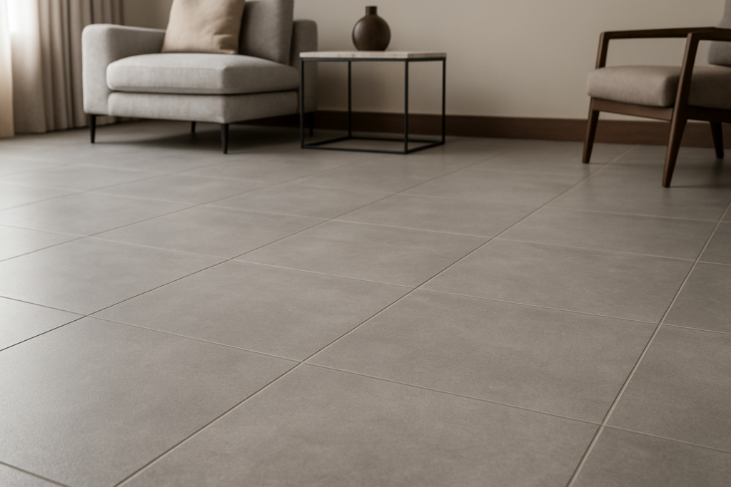 Sala moderna com piso de porcelanato cinza rejuntado em cinza, destacando linhas sutis e acabamento elegante.