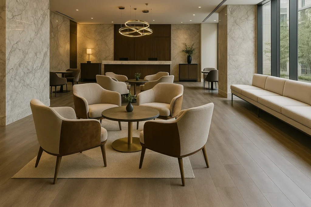 Piso Vinílico Cinza: 10 Ideias Sofisticadas Para Sua Casa 9 Ambiente comercial elegante com piso vinílico cinza, móveis contemporâneos e detalhes sofisticados que valorizam o espaço.