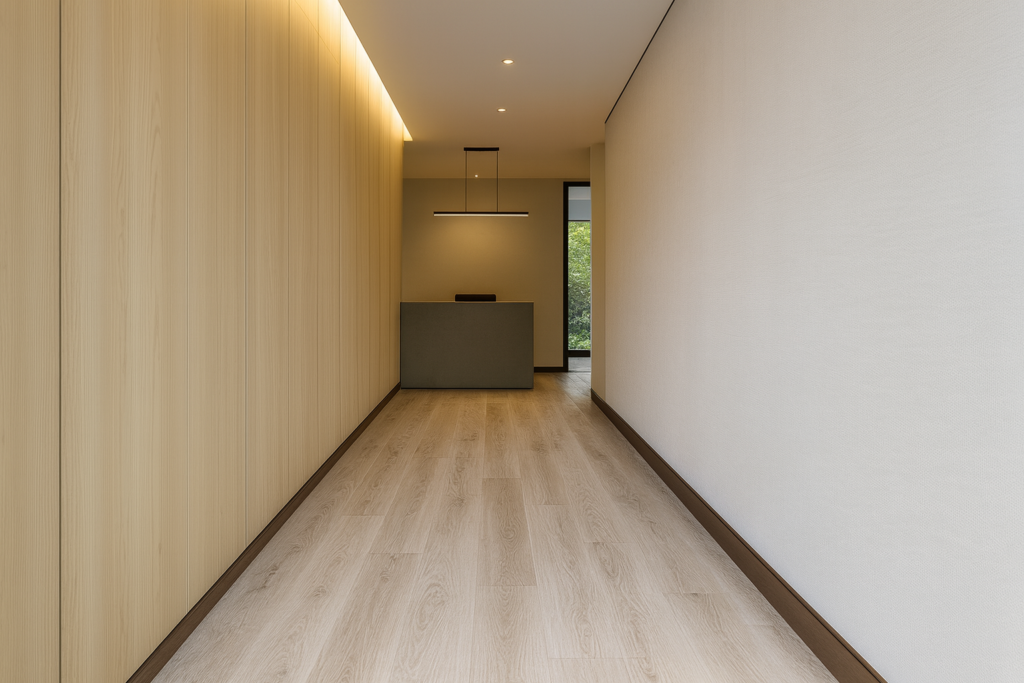 Corredor sofisticado com Piso Vinílico Montelupo Carvalho Colado LVT 20,3×1,22, destacando o visual natural da madeira.