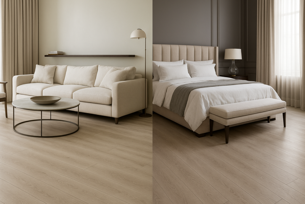 Ambientes elegantes de sala e quarto com piso vinílico Montelupo 19,2x1,23 Goiabeira em madeira clara acinzentada.