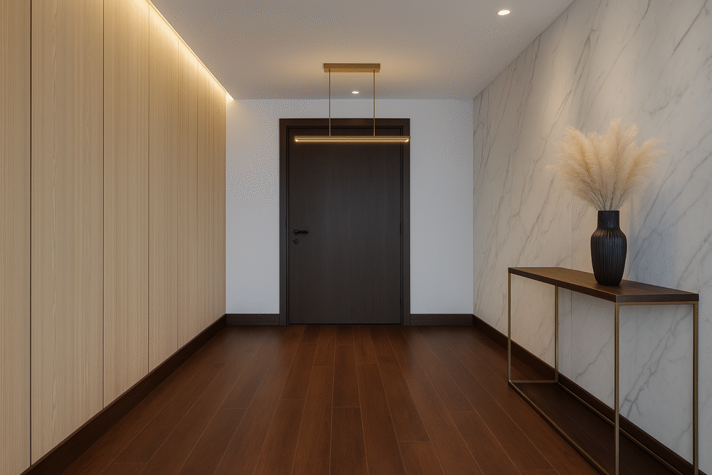 Hall de entrada moderno e elegante com piso vinílico Montelupo 19,2x1,23 Sucupira em madeira escura, parede em mármore e iluminação refinad