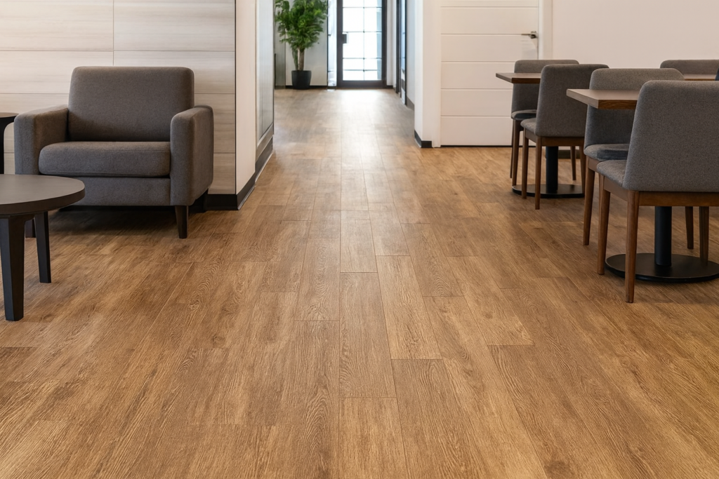 Ambiente moderno com piso vinílico SPC Montelupo 18x1,22 Click Tauari em madeira média, ideal para áreas de grande circulação.