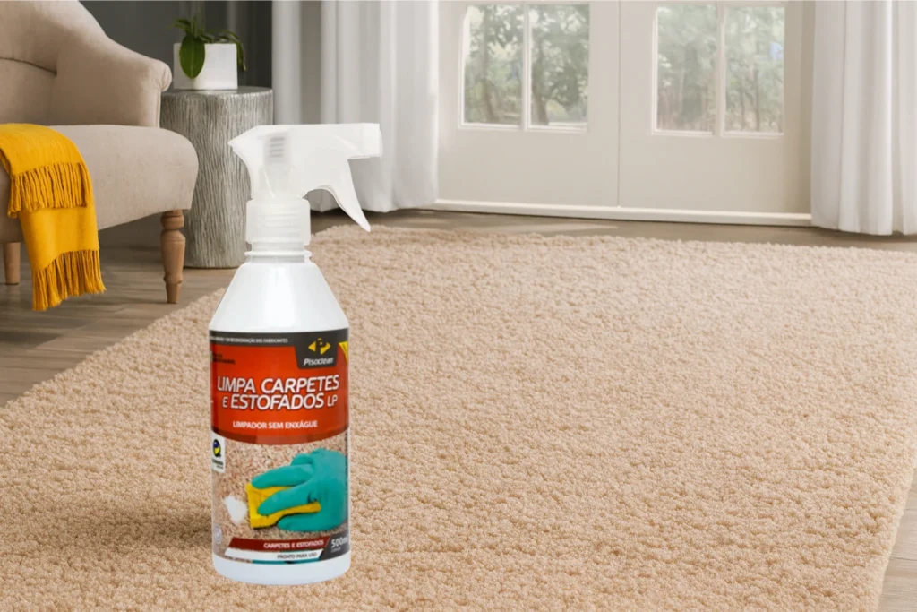 Frasco Pisoclean Limpa Carpetes e Estofados LP sobre carpete em sala moderna, utilizado para manutenção, limpeza e higienização de carpetes.