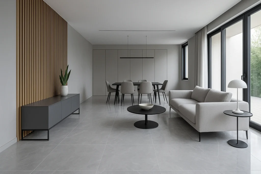 Porcelanato Polido: Dicas e Curiosidades que você precisa conhecer 7 Sala moderna com porcelanato polido cinza claro refletindo a iluminação natural, móveis minimalistas e detalhes elegantes.