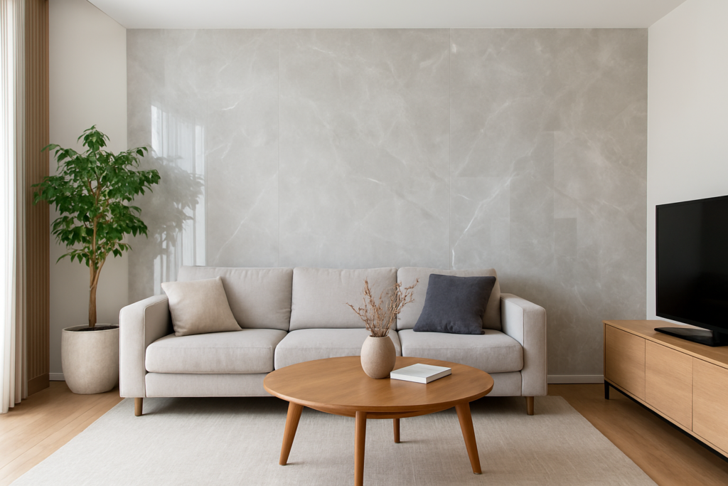 Porcelanato Polido: Dicas e Curiosidades que você precisa conhecer 2 Sala de estar moderna com parede em porcelanato polido cinza, sofá claro, mesa de centro em madeira e decoração minimalista.