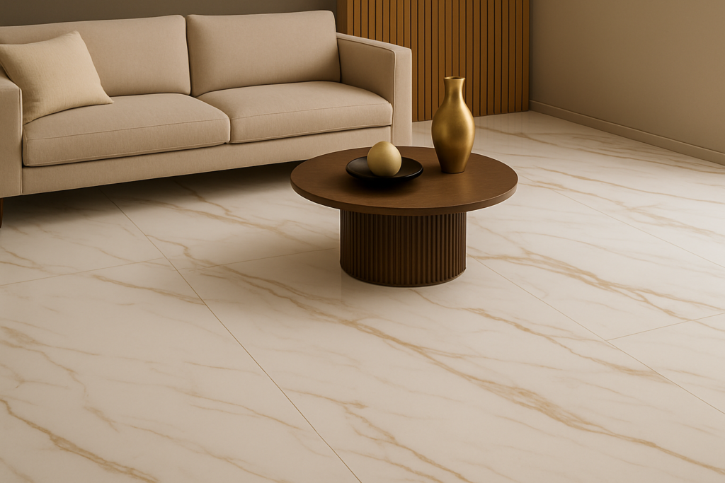 Sala sofisticada com porcelanato tipo A polido e uniforme, em ambiente moderno, iluminado e elegante com móveis minimalistas.