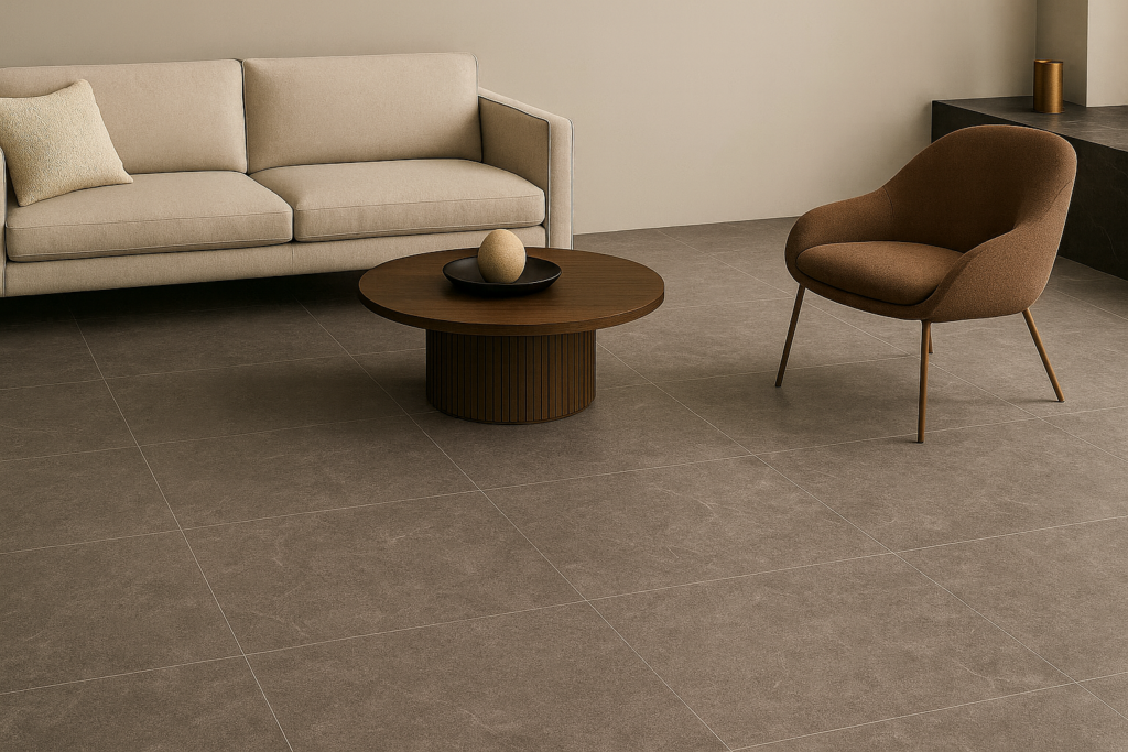 Sala contemporânea com porcelanato tipo C fosco e variações discretas de cor, em ambiente moderno e minimalista com sofá, poltrona e mesa de centro.