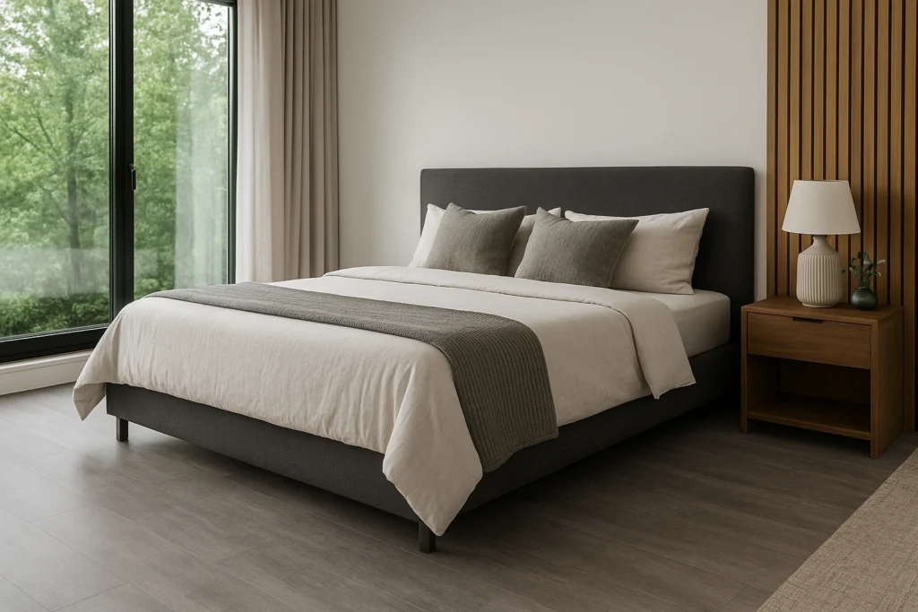 Piso Vinílico Cinza: 10 Ideias Sofisticadas Para Sua Casa 3 Quarto sofisticado com piso vinílico cinza, cama com base estofada cinza, roupas de cama neutras, mesa de cabeceira em madeira e parede com painel ripado.