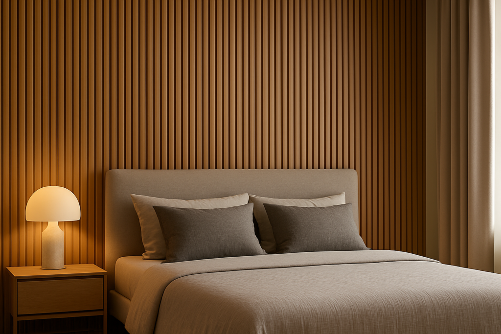 Quarto moderno com painel ripado autocolante atrás da cabeceira da cama, iluminação aconchegante e decoração elegante.