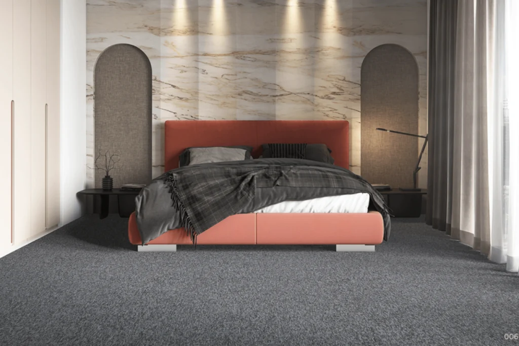 Carpete Belgotex: Modelos, Inspirações e Como escolher o ideal 3 Quarto sofisticado com cama estofada, iluminação embutida e carpete Belgotex Meteor cinza no piso.