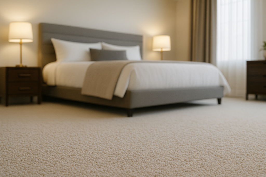 Quarto moderno com cama estofada e carpete de poliéster macio em tom bege, transmitindo conforto e elegância.