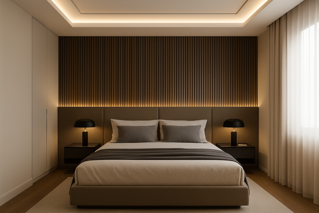 Quarto moderno com cama estofada, painel ripado em madeira iluminado por LED, mesas laterais pretas e cortinas claras, transmitindo sofisticação e aconchego.