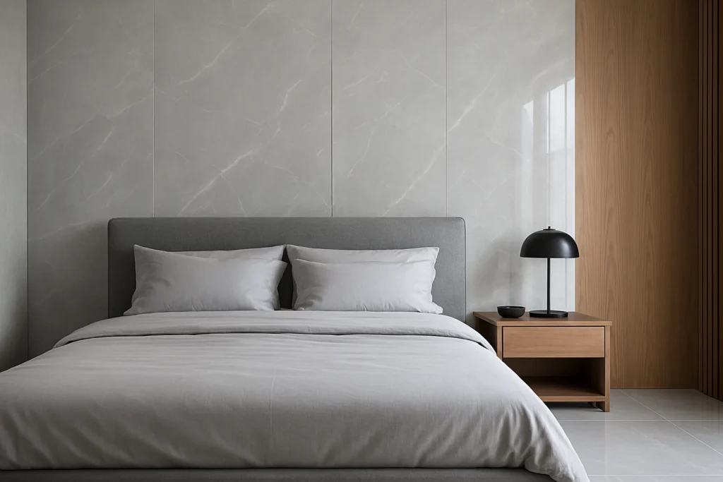 Porcelanato Polido: Dicas e Curiosidades que você precisa conhecer 5 Quarto moderno com parede revestida em porcelanato polido cinza de alto brilho, cama contemporânea e móveis minimalistas em madeira.