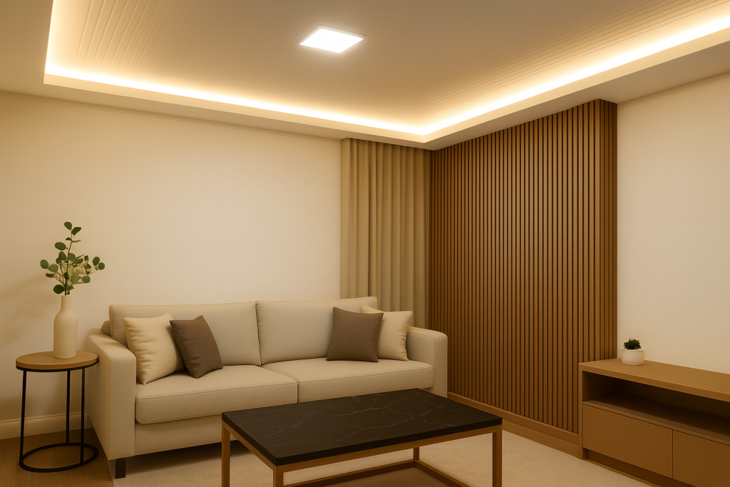 Sala de estar elegante com sofá claro, mesa de centro preta com tampo sofisticado, painel ripado em madeira, teto de gesso com iluminação em LED embutida e detalhes minimalistas.