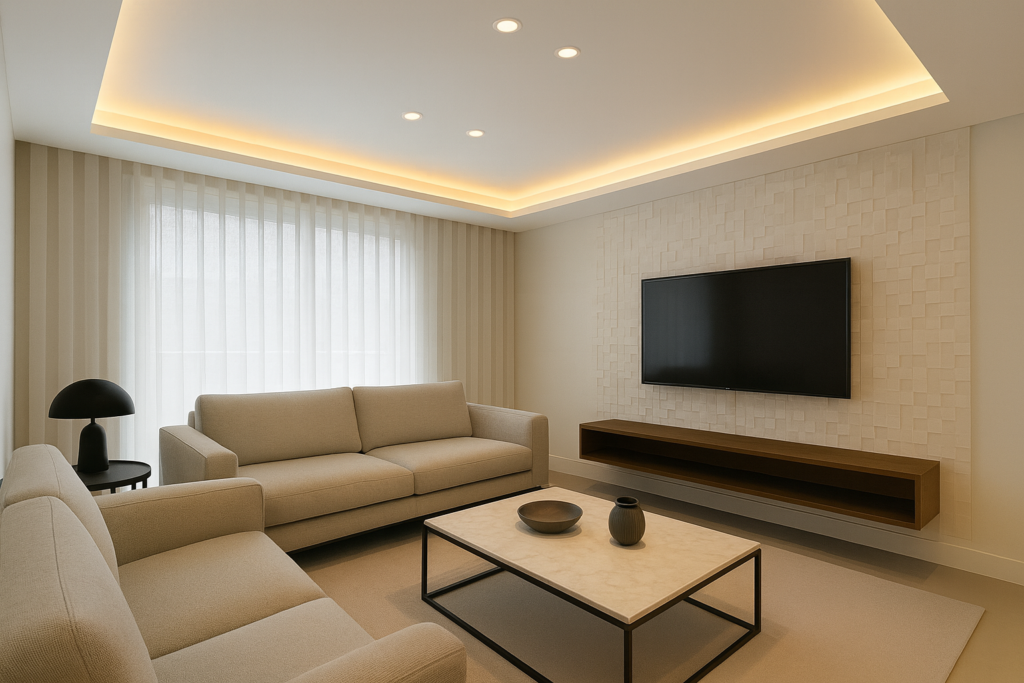 Teto de Gesso para Sala: ideias, inspirações e dicas de instalação 4 Sala moderna com teto de gesso rebaixado com LED embutido, parede em revestimento 3D atrás da TV, sofá bege e mesa de centro sofisticada.