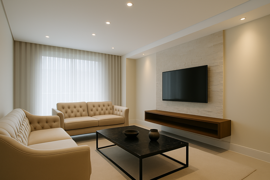 Teto de Gesso para Sala: ideias, inspirações e dicas de instalação 3 Sala sofisticada com teto de gesso liso rebaixado, iluminação em LED, parede com revestimento 3D, sofá bege capitonê e mesa de centro em mármore preto.