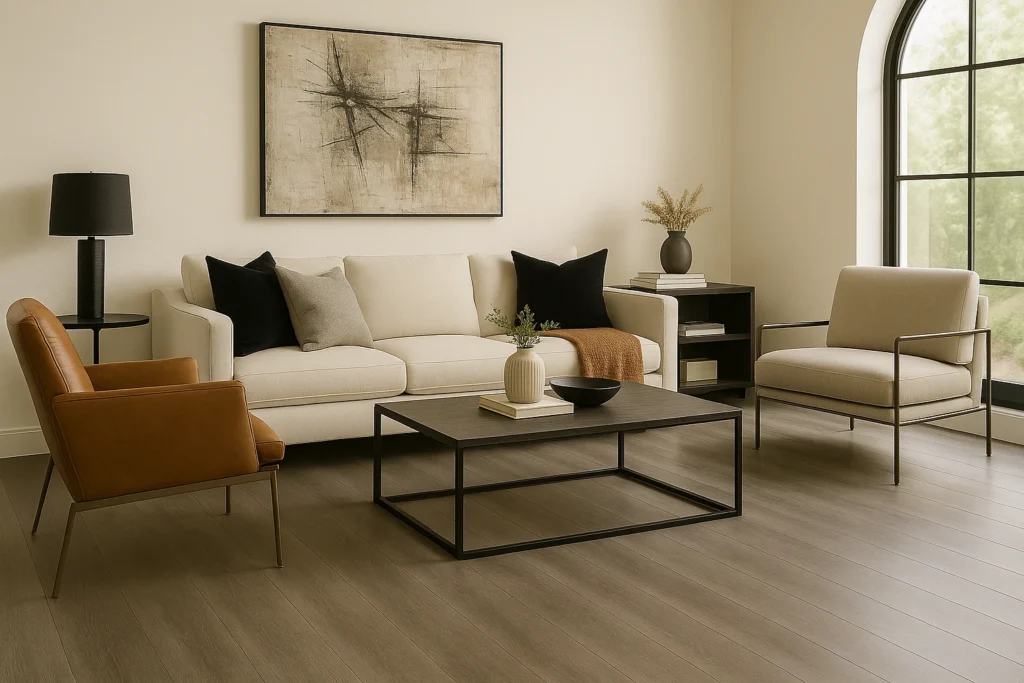 Piso Vinílico Cinza: 10 Ideias Sofisticadas Para Sua Casa 7 Sala de estar elegante com piso vinílico cinza, sofá off-white, poltrona de couro marrom, mesa de centro preta e paredes em tom off-white.