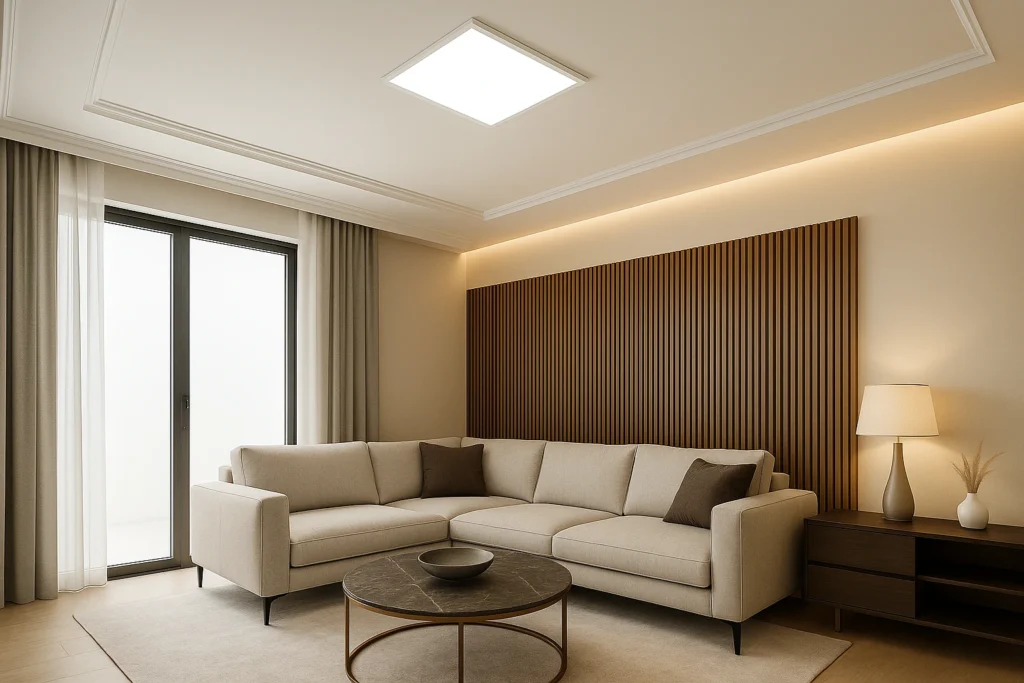 Sala de estar moderna e luxuosa com teto de gesso, painel de LED quadrado embutido e parede com painel ripado autocolante em madeira, sofá sofisticado e mesa de centro em mármore.