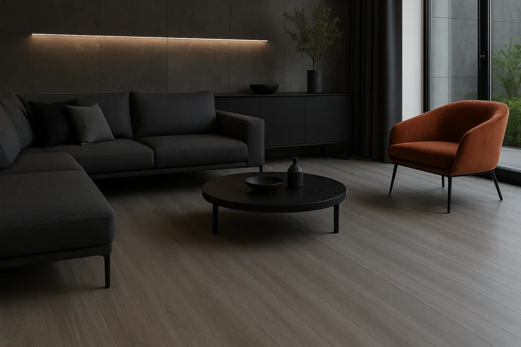 Piso Vinílico Cinza: 10 Ideias Sofisticadas Para Sua Casa 2 Sala de estar elegante com piso vinílico cinza, sofá escuro, poltrona laranja e mesa de centro preta.