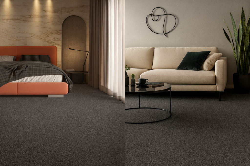 Carpete Belgotex: Modelos, Inspirações e Como escolher o ideal 7 Sala moderna com sofá bege e quarto elegante com cama estofada, ambos com carpete Belgotex Astral cinza no piso.