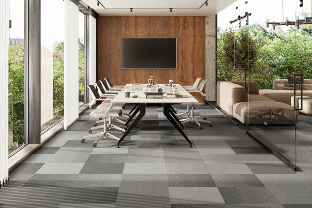 Carpete Belgotex: Modelos, Inspirações e Como escolher o ideal 2 Ambiente de reunião moderno com mesa retangular, cadeiras giratórias e carpete modular Belgotex Metrópolis Transitions cinza no piso.