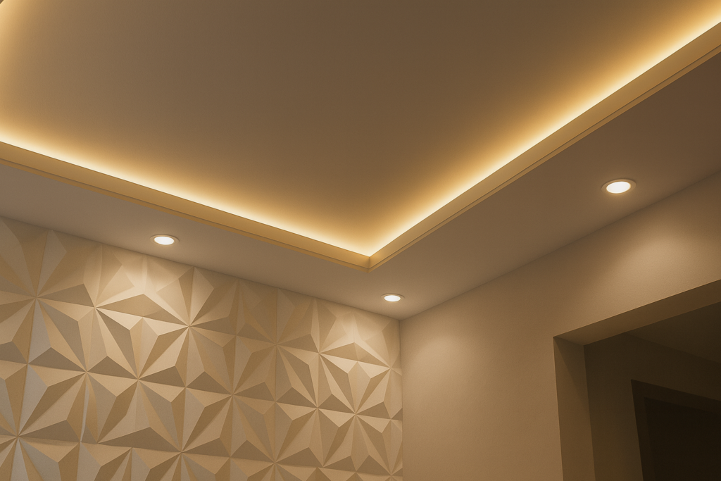 Saiba como Instalar Fita de LED: passo a passo fácil para valorizar qualquer espaço 3 Ambiente moderno com teto de gesso iluminado por fita de LED e parede com revestimento 3D geométrico elegante.