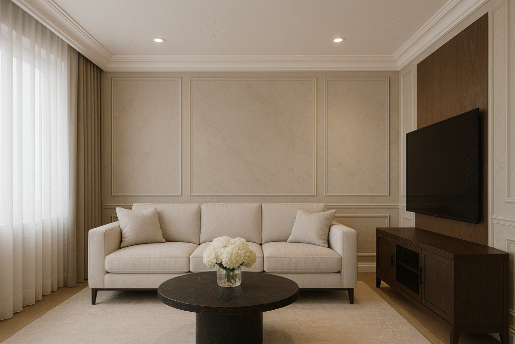 Teto de Gesso para Sala: ideias, inspirações e dicas de instalação 2 Sala de estar sofisticada com teto de gesso clean, sofá bege, mesa de centro em mármore e painel de TV em madeira.